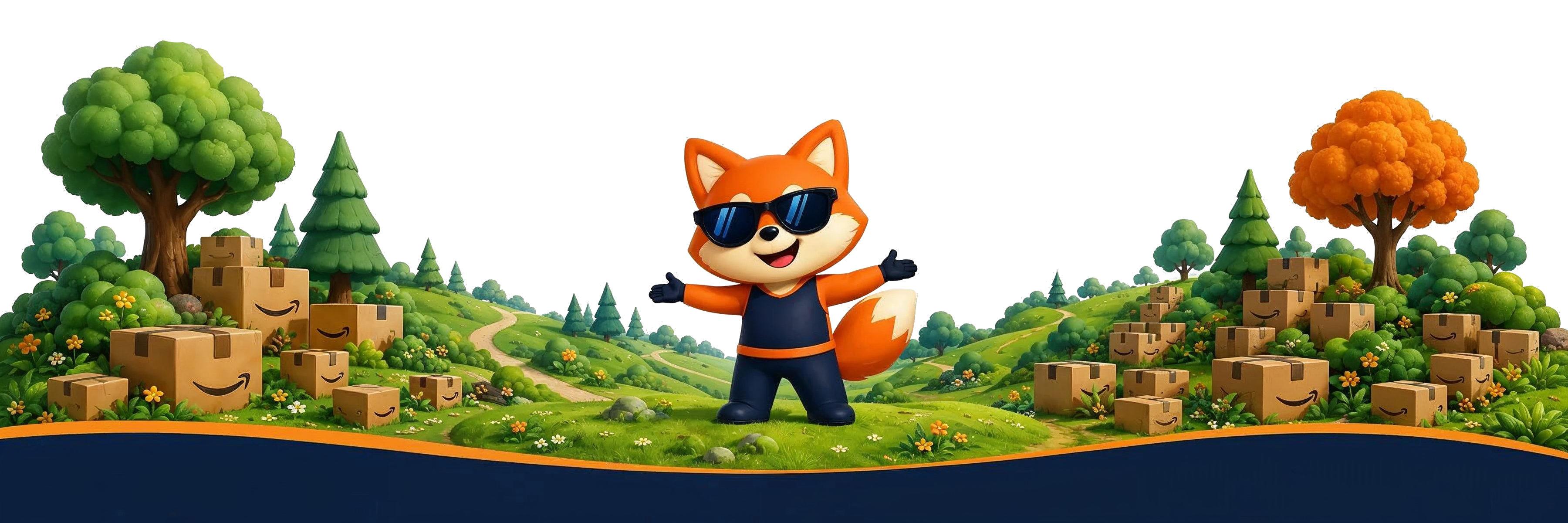 Foxy nel paesaggio ReyBox tra alberi e pacchi